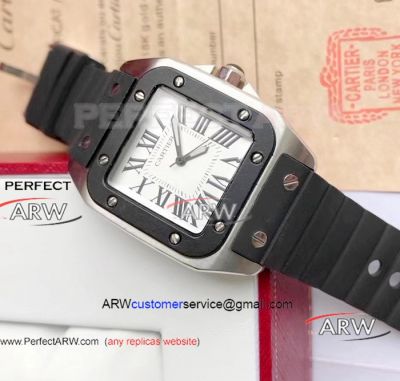 Perfect Replica Cartier Santos 100th Quartz Watch SS Black Rubber Strap